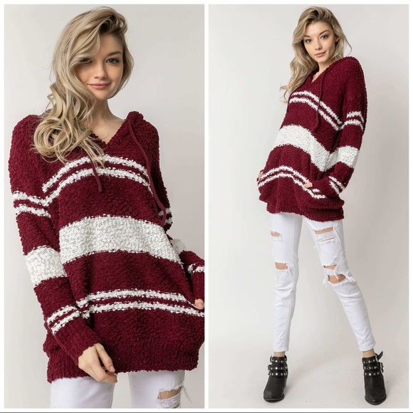 Burgundy & White Striped Popcorn Hoodie - Picture 3 of 5